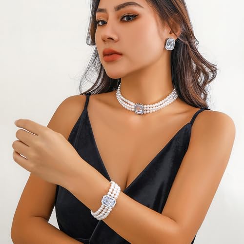 Wekicic Faux Pearl Necklace Earrings Set for Women Crystal Pearl Choker Necklace Bracelet Set 1920s Jewelry for Wedding Party - color: Silver