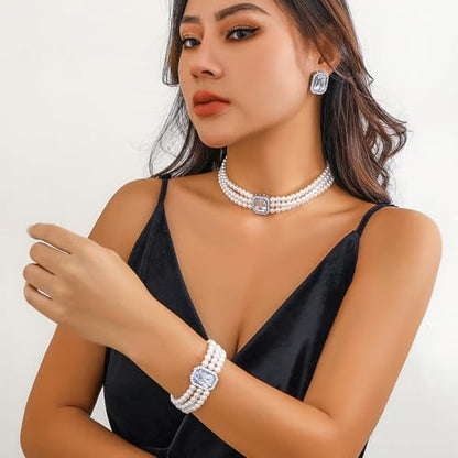 Wekicic Faux Pearl Necklace Earrings Set for Women Crystal Pearl Choker Necklace Bracelet Set 1920s Jewelry for Wedding Party - color: Silver