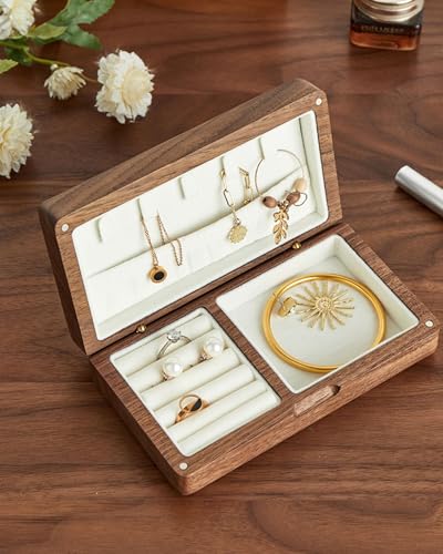 Small Wooden Jewelry Box, Vintage Delicate Walnut Wood Jewelry Case, Ideal Gift for Man Women, Portable Travel Jewelry Organizer, White - color: White