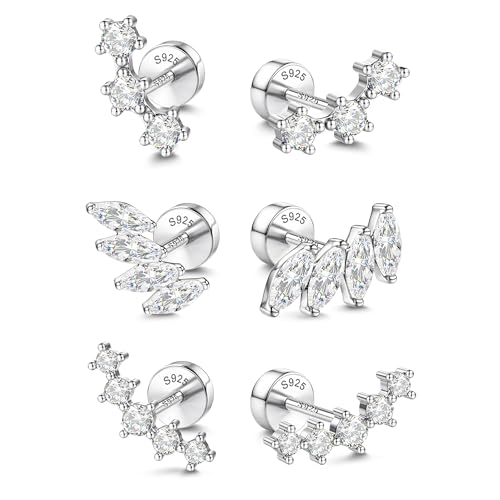14K Gold Plated 925 Sterling Silver Flat Back Earrings Set | Hypoallergenic Cartilage Helix Conch Tragus Piercing Jewelry 3 Pairs Small Screw Dainty CZ Opal Earring Set Men Women - color: Silver, Style G