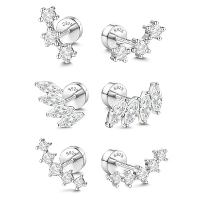 14K Gold Plated 925 Sterling Silver Flat Back Earrings Set | Hypoallergenic Cartilage Helix Conch Tragus Piercing Jewelry 3 Pairs Small Screw Dainty CZ Opal Earring Set Men Women - color: Silver, Style G