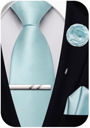 Solid Color Tie and Pocket Square with Tie Clip Lapel Pin Silk Formal Necktie Set Wedding Formal - color: Aqua