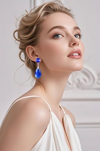 Round and Teardrop Crystal Stud Dangle Earrings Hypoallergenic Gold Plated Birthstone Drop Earrings Trendy Evening Prom Pageant Jewelry Gift for Women - color: sapphire blue