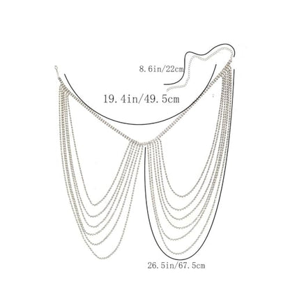 Rhinestone Shoulder Chain Jewelry,Multilayer Arm Tassel Chain Festival Rave Crystal Shoulder Chain Bridal Wedding Back Chain Necklace for Women - color: Silver
