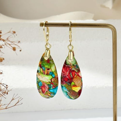 Natural Healing Teardrop Stone Leverback Dangle Drop Earrings Statement Gold earrings - color: Colorful -Gold