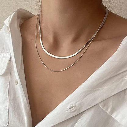 Tewiky Layered Necklaces for Women 14k Gold Plated Chain Necklace Set | Chunky Herringbone/Snake/Rope/Box/Cuban Link Chain for Women, Layering Stack Choker Necklace, Dainty Jewelry Set Non Tarnish - color: Layered Herringbone Silver