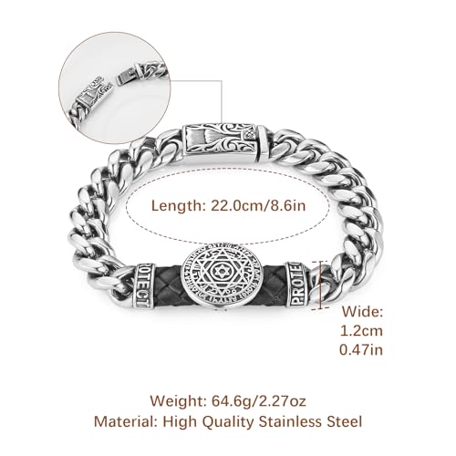 HZMAN 8.5Inch Cuban Link Bracelet for Men Silver Stainless Steel Heavy Biker Link Bracelet - color: Seal of Solomon
