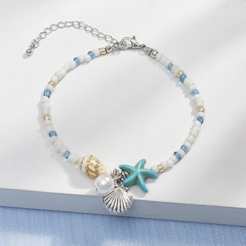 Beach Puka Shell Anklet for Women Waterproof Beaded Ankle Bracelets Adjustable Starfish Seashell Pearl Foot Chain Boho Jewerly Present for Summer Beach Party - color: white