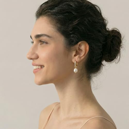 Pearl Earrings VeroSteel Dangle Earrings for Women, Dainty 14k Gold Huggie Hoop Earrings with Pearls, Trendy Pearl Drop Earrings, Stainless Steel Hypoallergenic Stud Earrings For Sensitive Ears - style: Diamond