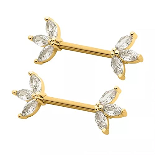 Pierced Owl 14GA 316L Stainless Steel Triple CZ Crystal Marquise Ends Nipple Barbells, Sold as a Pair - style: Gold Tone/Clear