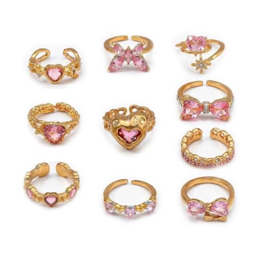 Rrdaily 14K Gold Plated Stackable Knuckle Rings Set for Women Trendy Chunky Simulation Gemstone Signet Rings Dainty Midi Finger Rings Pack Aesthetic Statement Jewelry for Bridesmaid Wedding Gifts - style: 10 Pcs Gold