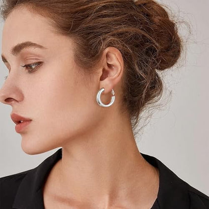 sovesi Chunky Hoop Earrings for Women, 14K Gold Plated Thick Hoops | 5mm Thick Hollow Tube Chunky Lightweight Hypoallergenic Hoop Earrings for Women - style: Silver 22MM