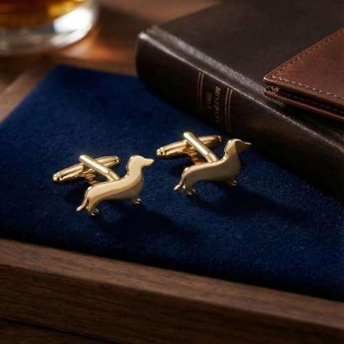Men’s Dachshund Cufflinks – Stainless Steel Dog-Themed Cuff Links with Gift Box & Polishing Cloth – Available in Silver & Gold - color: golden