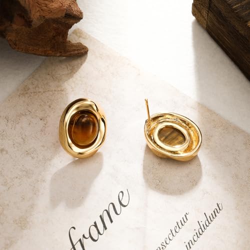 Brown Earrings Circle Chunky Earrings for Women Trendy 18K Gold Plated Stud Hoop Stainless Steel Hypoallergenic - color: Oval Stud Brown Color