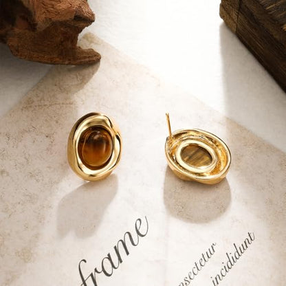 Brown Earrings Circle Chunky Earrings for Women Trendy 18K Gold Plated Stud Hoop Stainless Steel Hypoallergenic - color: Oval Stud Brown Color