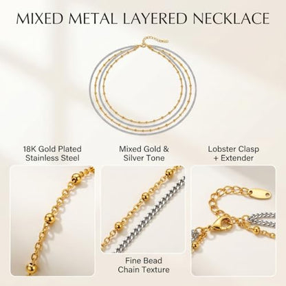 Stackable Chains Women 18K Plated Box Cuban Paperclip Layered Chain Choker Necklace Gold Silver Multi Chain Mixed Metal Stack Chains Set for Women - color: bead chain necklace