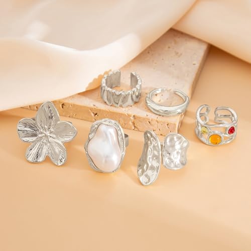 Chunky Gold Rings Set for Women Trendy Statement Flower Knuckle Ring Baroque Pearl Stack Ring Wrinkled Prom Outfits Accessories - color: Silver