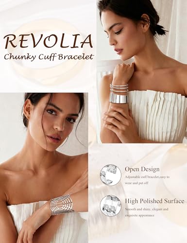 REVOLIA 6Pcs Chunky Cuff Bracelets Set for Women Minimalist Irregular Statement Wrist Cuff Adjustable Hammered Bangles Bracelets Open Wide Wire Arm Cuff Bracelet - color: Silver-A