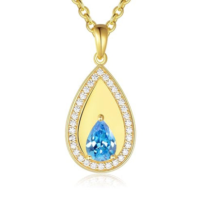 Birthstone Pendant Necklaces for Women 925 Sterling Silver Teardrop Pendant Necklace Birthday Jewelry Gift, 18"+2" Inches - color: 03 - Aquamarine