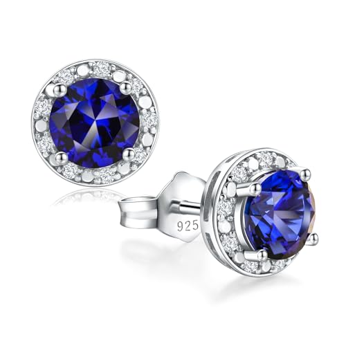 Dainty Birthstone Earrings for Women Sterling Silver Small Stud Earrings with Halo Cushion/Round Created Gemstone Earrings Birthstone Jewelry - style: B 09. Sep./created blue sapphire-round cut
