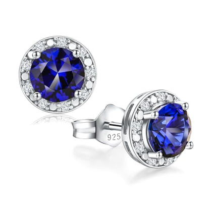 Dainty Birthstone Earrings for Women Sterling Silver Small Stud Earrings with Halo Cushion/Round Created Gemstone Earrings Birthstone Jewelry - style: B 09. Sep./created blue sapphire-round cut