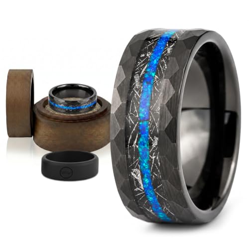 Gentlemen's Bands Blue Opal Inlay Black Hammered Tungsten Men's Wedding Band, 8mm | Tungsten Carbide Men’s Ring | Comfort Fit Black Wedding Ring | Includes Silicone Band, Leather Pouch & Luxury Walnut Box