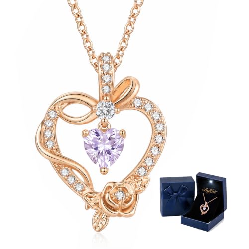 Heart Birthstone Necklace, LED Gift Box | Heart birthstone necklace with rose CZ pendant and LED gift box, ready-to-gift birthday gift for mom, wife, grandma, sister - color: Rose Gold 06-JuneLavender