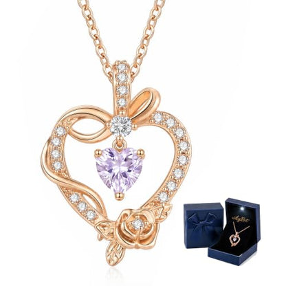 Heart Birthstone Necklace, LED Gift Box | Heart birthstone necklace with rose CZ pendant and LED gift box, ready-to-gift birthday gift for mom, wife, grandma, sister - color: Rose Gold 06-JuneLavender