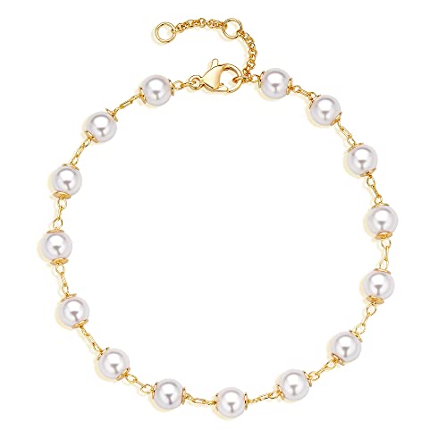 LOYATA Chain Bracelet Gold Link 14K Gold Plated Dainty Pearl Bracelet Simple Jewelry Gift for Women - style: Pearl