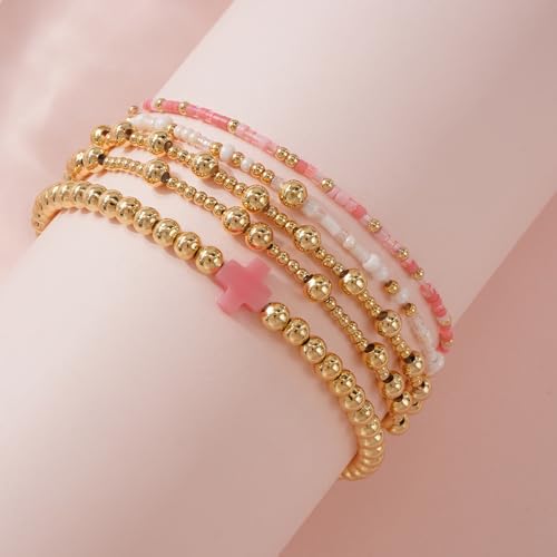 Colorful Gold Plated Stackable Ball Seed Beaded Bracelets Set For Women, Boho Handmade Romantic Stretch Accessories Jewelry, Daily Wear Holiday Party Friendship Gift - color: Pink Cross