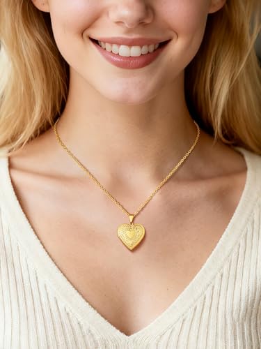 Custom4U Personalized Heart Locket Necklace with Pictures,Sunflower/Angel Wings/Heart Shaped Lockets Custom Photo,Gold/Rose Gold/White Lockets That Holds Picture,Customized Memorial Jewelry for Women - color: B-Heart-Gold(Locket + Photo + Engraving)