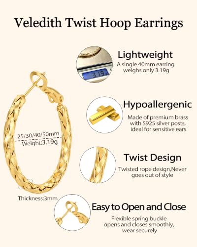 3MM Thin Sterling Silver Hoop Earrings for Women Hypoallergenic | Lightweight Small Silver Hoop Earrings Thin Twisted Hoop Earrings for Sensitive Ears - color: Gold-40MM