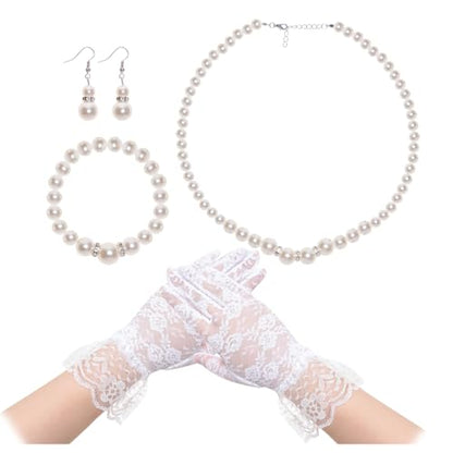 Avxdbr 4 Pieces Pearl Jewelry Lace Gloves Set for Women Girls | Petite Fit Faux Pearl Necklace Adjustable Chain Earrings Stretch Bracelet Lace Gloves for Wedding Tea Party Prom Formal