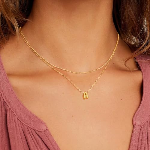 Thaivor Initial Necklaces for Women 14K Gold Plated Bubble Letter Necklace Layered Dainty Cute Choker Pendant Stack Jewelry Fashion Accessories Teen Trendy Gift - color: Gold, style: A-1