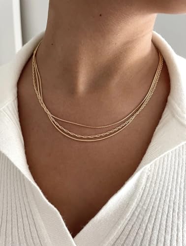 CONRAN KREMIX Waterproof Gold Necklace Layered Necklaces for Women Non Tarnish,14k Gold Plated Stainless Steel Dainty Stack Thin Chain Necklace Set for Women Gifts Jewelry - color: Gold-05