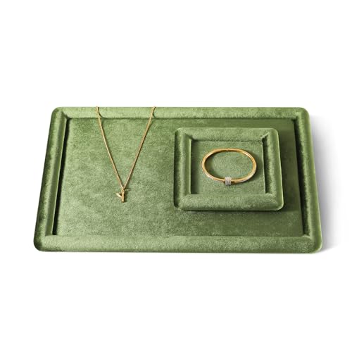 Velvet Jewelry Display Tray for Ring Earrings Necklace Bracelet Flat Tray - color: Olive Green, size: 12.99 × 9.06 in