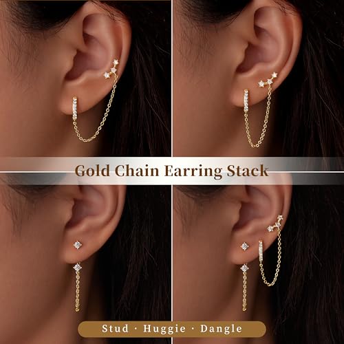 3 Pairs Dainty Small Earrings Set for Women Trendy, Birthstone Stud Huggie Hoop Jacket Stack for Cartilage Helix, Gold Plated Hypoallergenic Cute Women Fashion Accessories Western Jewelry Gifts - color: Gold Plated Chain