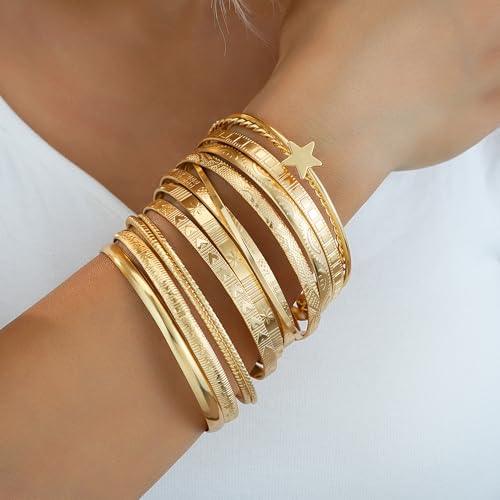 FAXHION Gold Bangle Bracelets for Women, 14 Pcs Multi Layer Stackable Bangle Set, 14K Gold Plated Textured Chunky Bracelets Boho Jewelrys Set - style: Gold B-13 pcs
