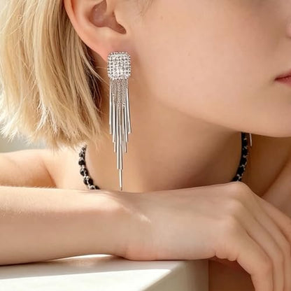 Rhinestone Tassel Earrings for Women, Elegant Long Silver Dangle Earrings for Wedding Party Formal Event Fashion Jewelry