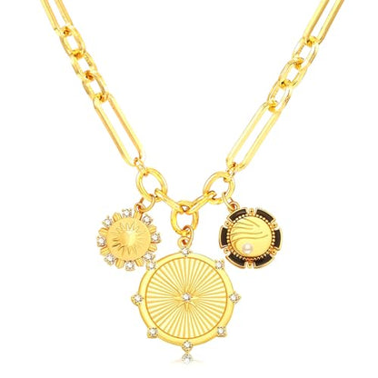 ORIGENCE Sun Heart Necklace for Women 18K Gold Plated Heart Pendant Necklace Chunky Chain Choker Necklaces Hip Hop Charm Necklaces Trendy Unisex Jewelry - style: 3Charm-Gold