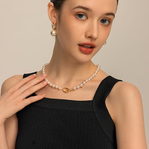 Pearl Necklace for Women Paperclip Chain Chunky Gold Necklace, Freshwater Cultured Pearls Trendy Link Chain 18K Gold Plated Dainty Pearl Choker - color: 8mm White Pearl Necklace