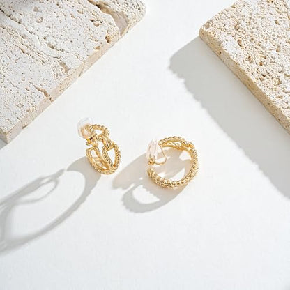 Clip on Earrings for Women Silver and Gold Plated Twisted Rope Hoops Non Pierced C Hoop Earring Lightweight Two Tone Clips Mixed Metal Jewelry Gifts - color: Eternity Hoop-gold