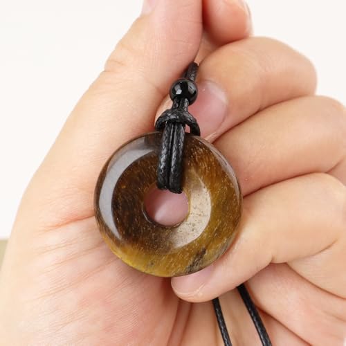 FANASY Natural Gemstone Pendant Necklce Lucky Coin Crystal Necklace Protection Donut Pendnat with Adjustable Rope for Men Women - color: Tiger's Eye