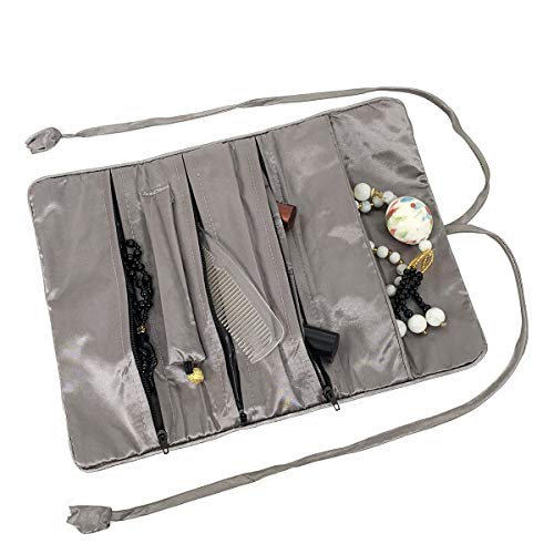 Travel Jewelry Roll Bag - Embroidered Brocade Pouch for Rings, Necklaces, Earrings, Bracelets | Lightweight & Tie Closure (Gray) - color: Gray