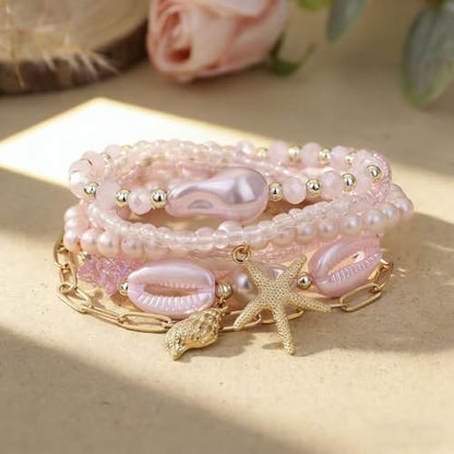 Boho Stackable Beaded Bracelet Set, Pink, Starfish Shell Pearl Charms, Elastic Handmade Layered Stretch Bracelets, Summer Beach Holiday Jewelry for Women - color: Pink D