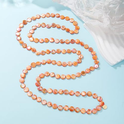 Firstmeet Flat Round Coin Shell Beads Long Knotted Necklace Natural Mother of Pearl Handmade Jewelry For Women - color: S-Orange AB