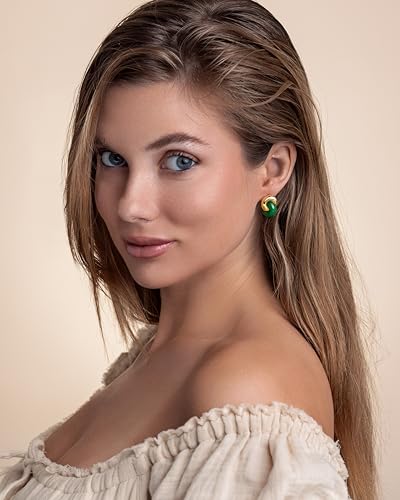 Small Twist Interlock Chunky 18K gold plated Gemstone Natural Stone (Brown, Green, Pink, White) Statement Earrings for Women by SNGIA, Dainty Love Knot Tiger Eye Amber Jade Tourmaline Bold Handmade Exaggerated Dome Retro Rounded Button Half Ball Trendy Bo