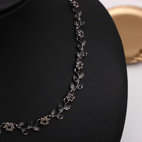 Austrian Crystal Rhinestone Choker Necklace Elegant Flower Leaf Chain Necklace Jewelry for Party Prom Costume Accessories for Women - color: Black Diamond-Jet
