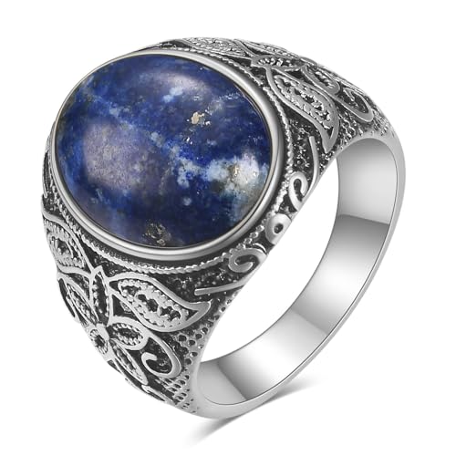 Retro Large Tiger Eye Stone Turquoise Wedding Ring For Men Classical Gothic Stainless Steel Rings - color: Silver-Blue
