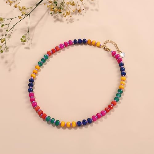 Joya Love Colorful Gemstone Beaded Necklaces For Women Trendy Rainbow Natural Stone Boho Handmade Stainless Steel Waterproof Strand Necklaces Jewelry For Women Gift - color: Red jump colour
